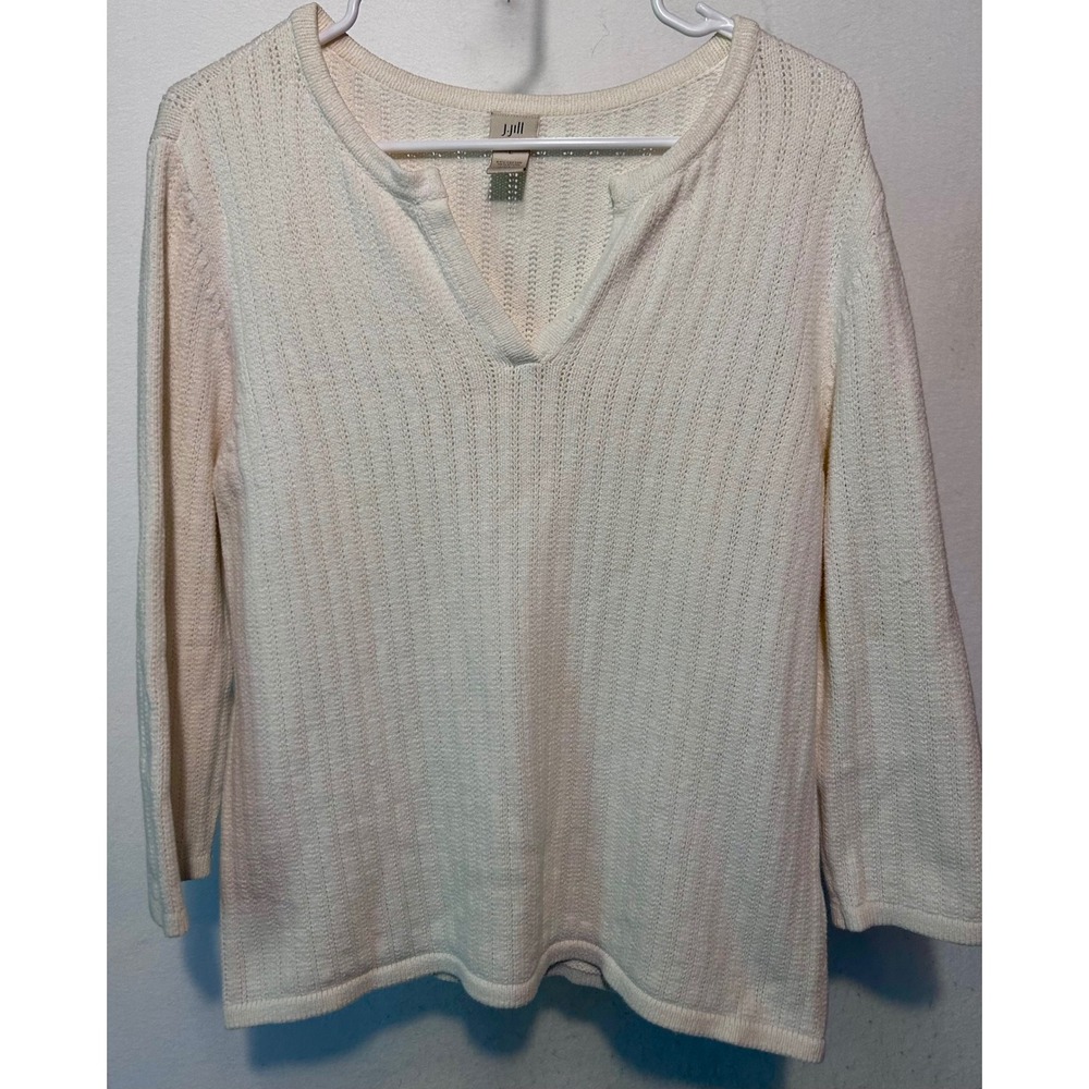 J. Jill Cream White Ribbed Split V-Neck Cotton Blend Sweater Size L 51-3433